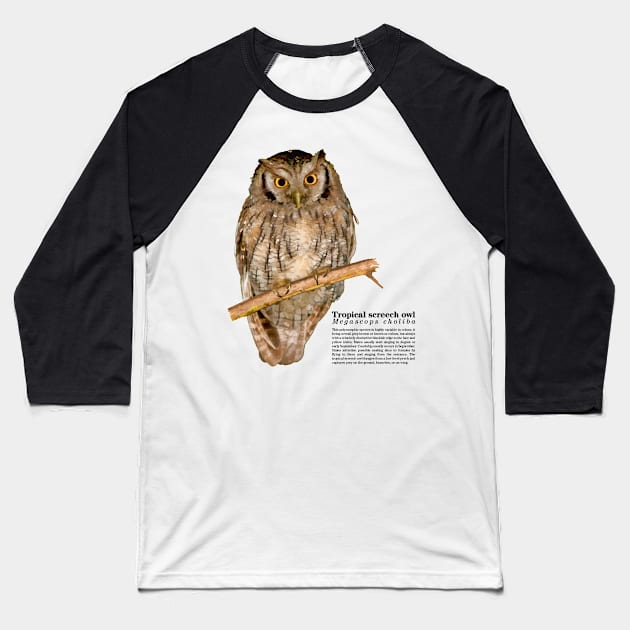 Tropical screech owl black text Baseball T-Shirt by Ornamentum